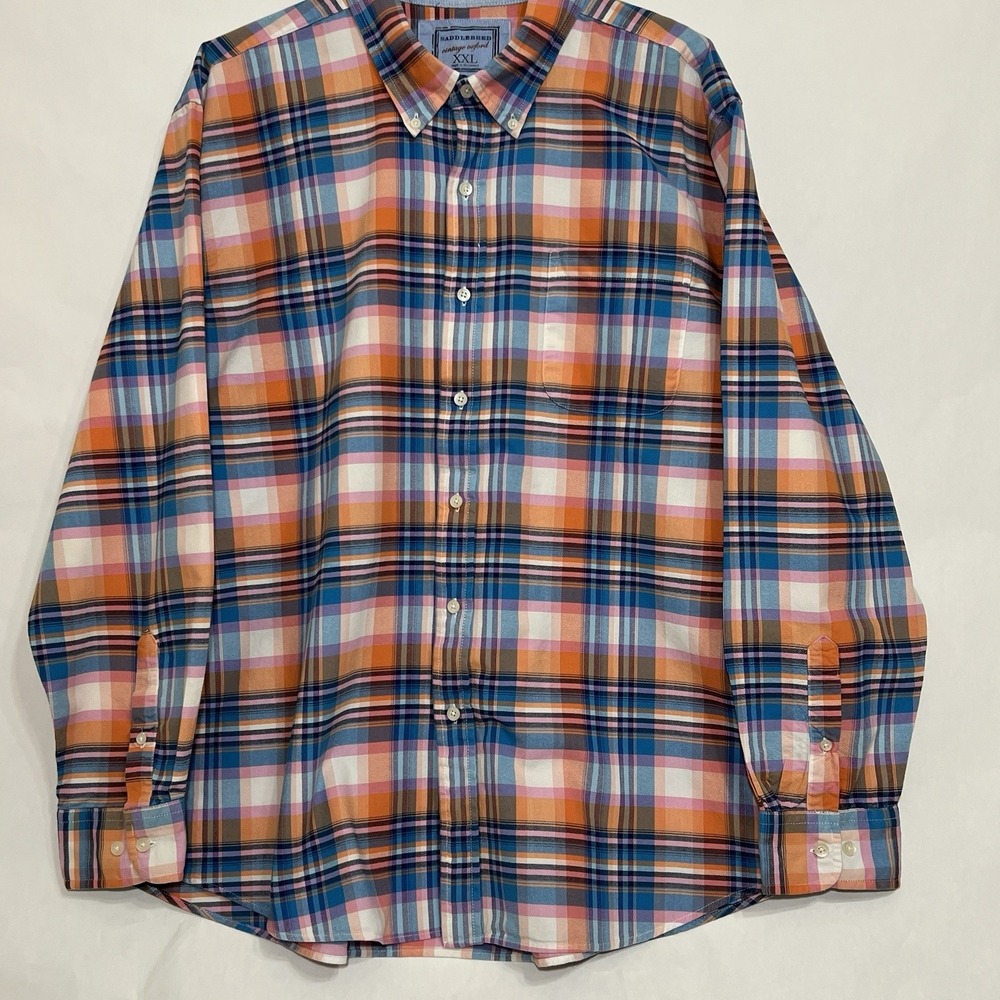 Saddlebred Shirt Men 2XL Orange Blue Pink Plaid Button Collar Vintage Oxford